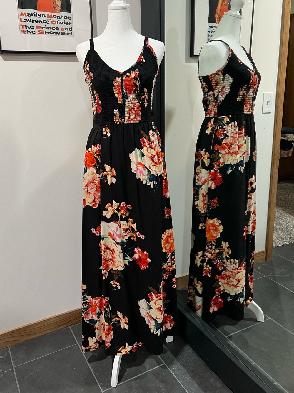 Maurices Black Floral Maxi Dress with Spaghetti Straps NWOT